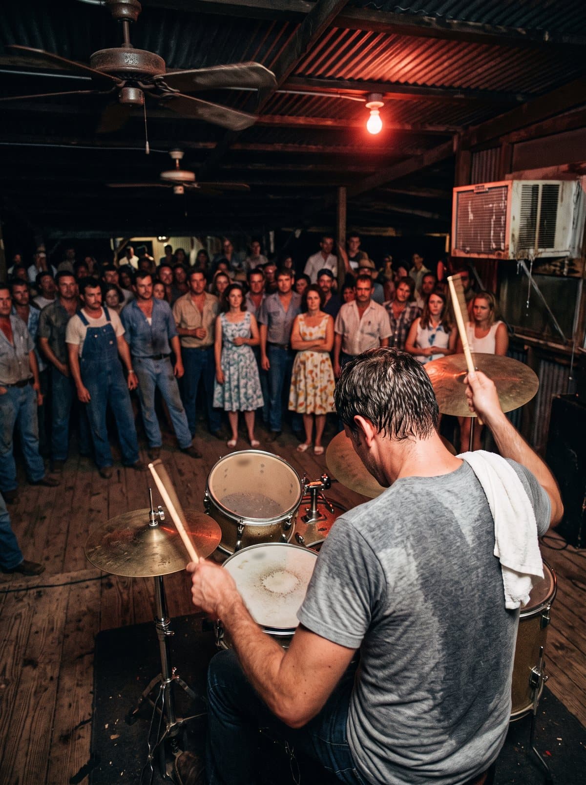 A drummer seen from behind at a small kit in a tin-roofed room