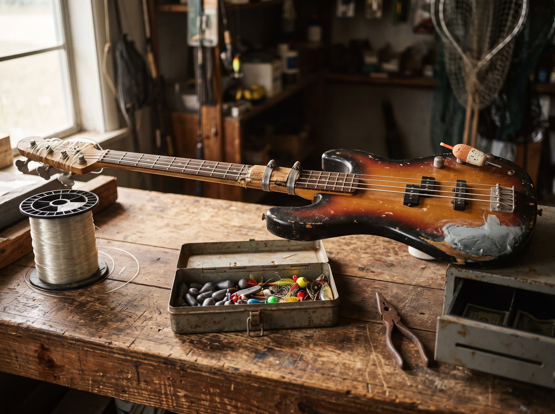 A repaired electric bass on a bait-shop counter beside tackle and a coil of line