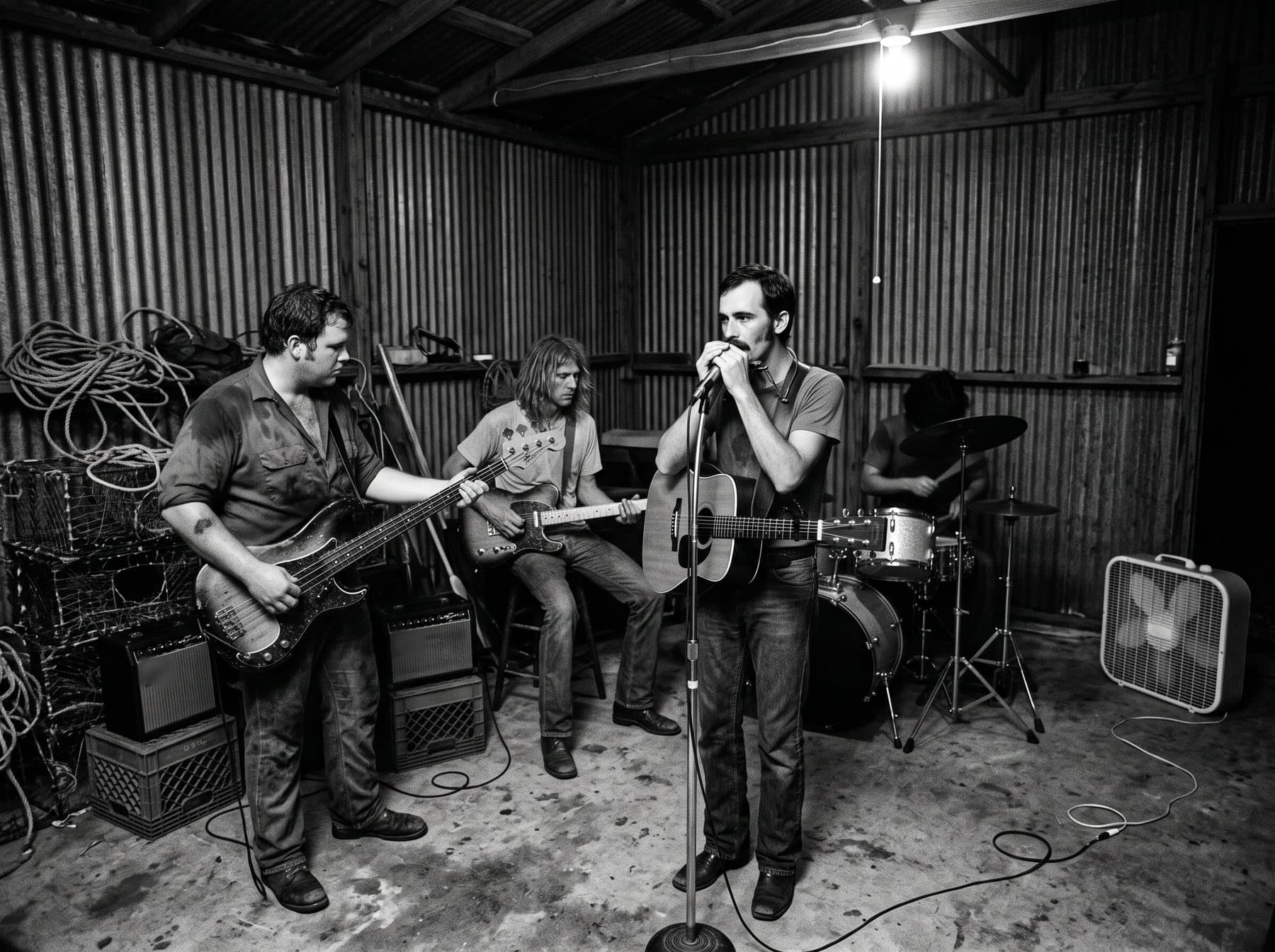 Four musicians playing inside a corrugated tin building near the water